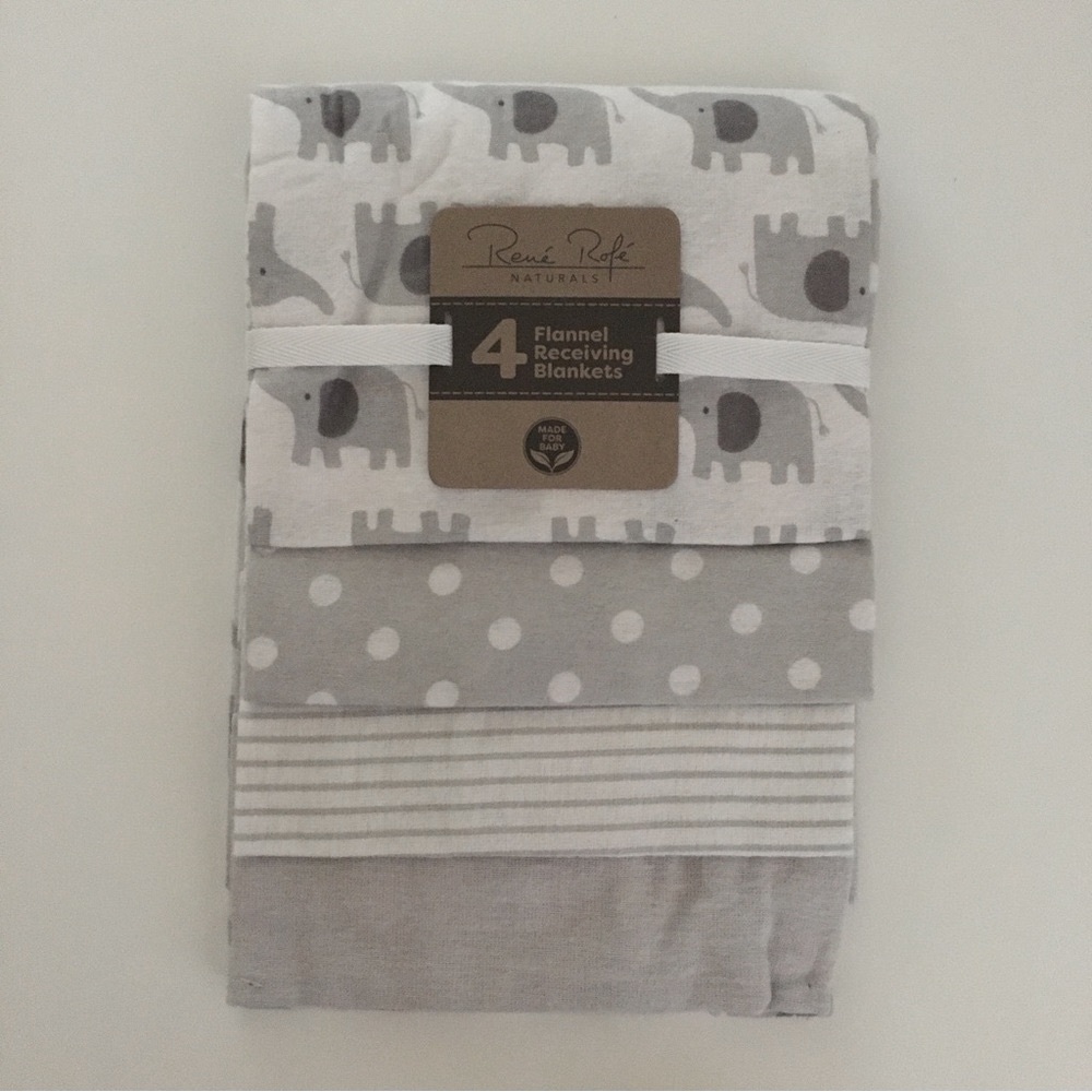 NEW 4 Rene Rofe Baby Receiving Blankets Gray Cotton Elephants Polka Dots Stripes